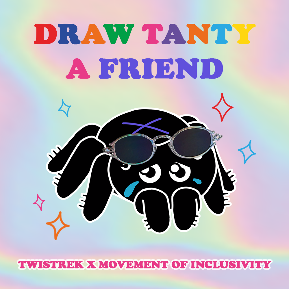 Draw Twistrek Tanty a Friend for Inclusion. Spider wearing a sunglasses crying.